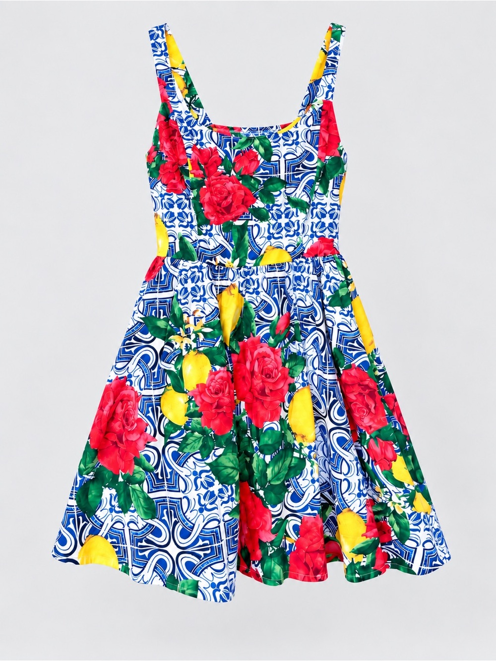 New York & Company Blue Floral Lemon Print Sundress - Red, Yellow & Green
